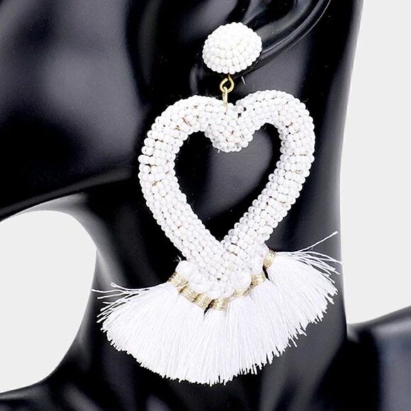 Seed Bead Heart White Tassel Earrings - Picture 2 of 5